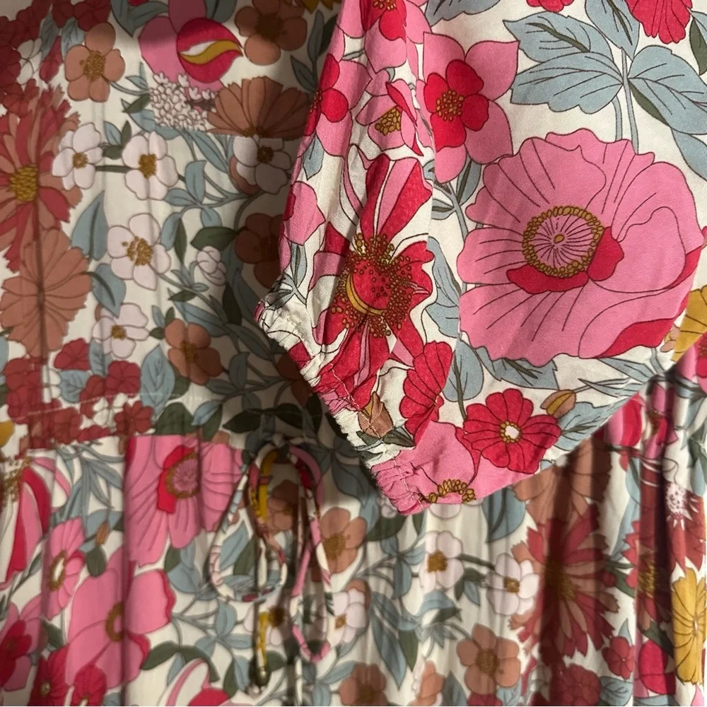 Floral Print‎ Maxi Dress L Long Sleeve V Neck Lined Boho Hippie